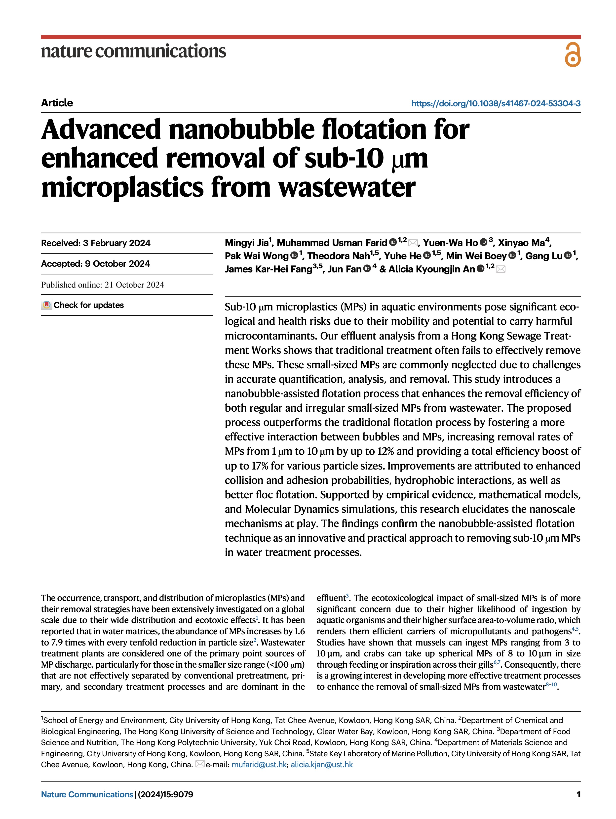 Jia, Farid, Ho et al. 2024 – Nanobubble flotation for MP removal